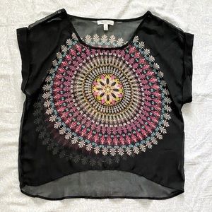 Love Fire sheer chiffon boho cuffed sleeve blouse, black pink